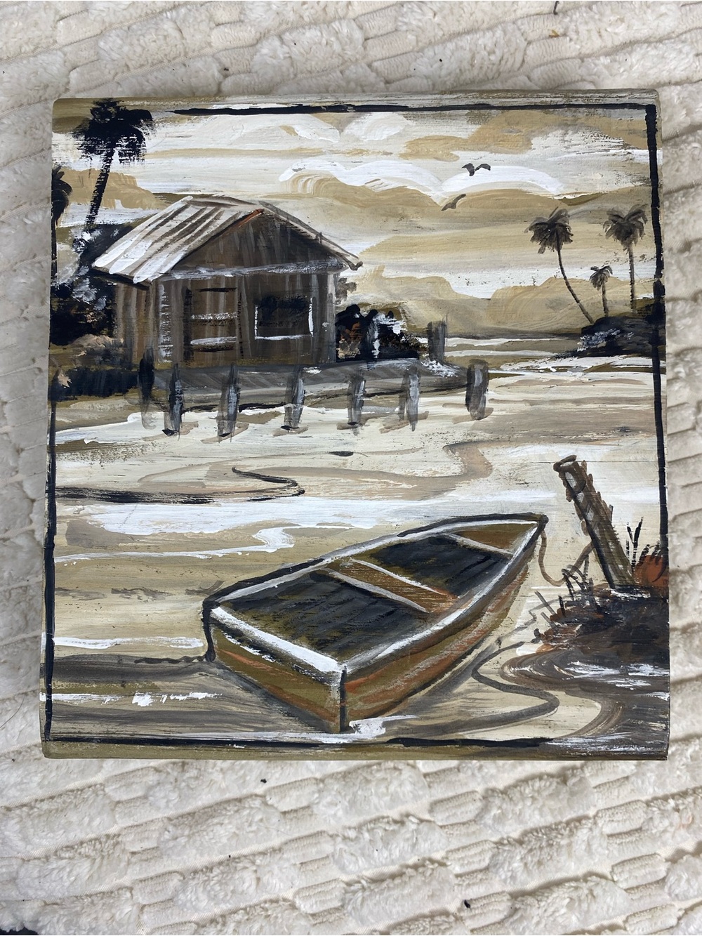 Limited & Original Landscape Painting on Solid Wood Block, Rustic Nautical Folk